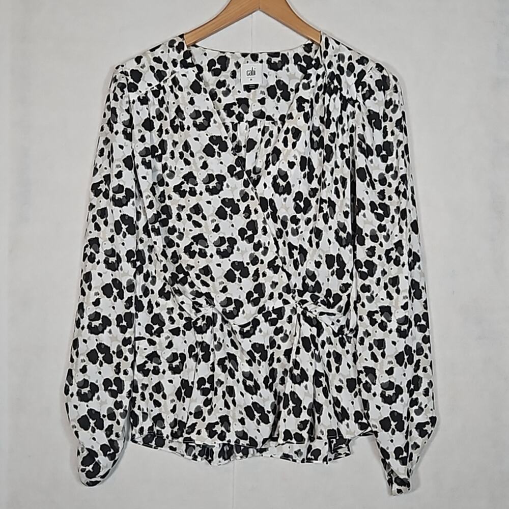 Cabi Rosette Blouse #5898 Black White Leopard Print Wrap Peplum Top Medium